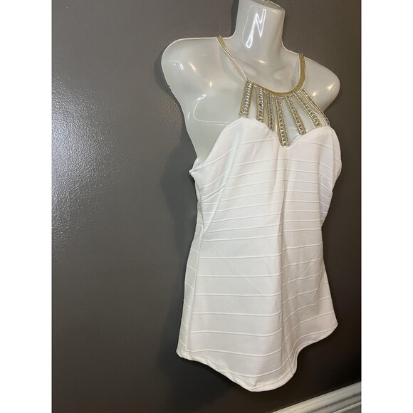 Marianne Tank Top Womens Large White Gold Beaded Strappy Halter Party USA - Picture 2 of 6